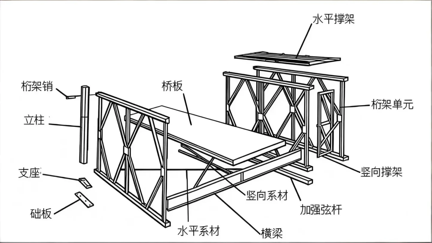 贝雷桥桁架、桥面与连接系统组成示意图
