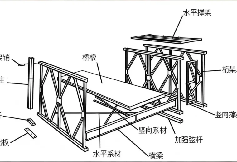 贝雷桥桁架、桥面与连接系统组成示意图