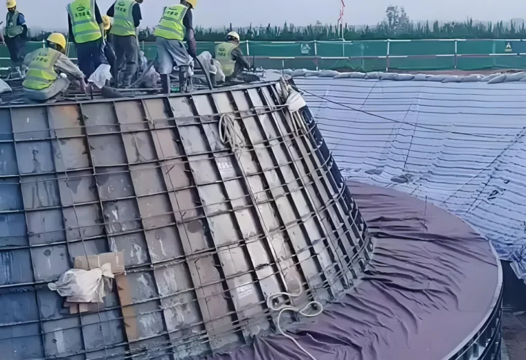 工人安装大型蓝色弧形模板